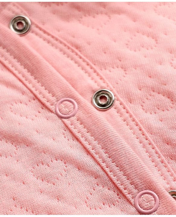 Babyhug Cotton Knit Full Sleeves Hooded Footed Winter Wear Quilted Romper with Bear Print & Ear Applique - Pink