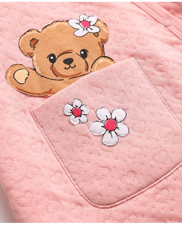 Babyhug Cotton Knit Full Sleeves Hooded Footed Winter Wear Quilted Romper with Bear Print & Ear Applique - Pink
