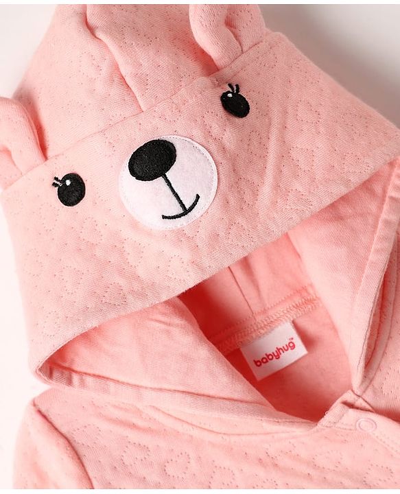 Babyhug Cotton Knit Full Sleeves Hooded Footed Winter Wear Quilted Romper with Bear Print & Ear Applique - Pink