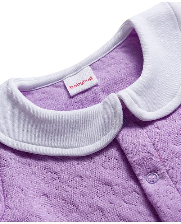 Babyhug Cotton Knit Full Sleeves Front Open Winter Wear Quilted Romper with Heart & Bunny Detailing - Lavender