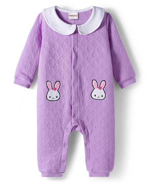 Babyhug Cotton Knit Full Sleeves Front Open Winter Wear Quilted Romper with Heart & Bunny Detailing - Lavender