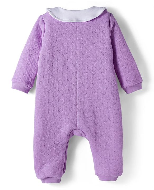 Babyhug Cotton Knit Full Sleeves Front Open Winter Wear Quilted Romper with Heart & Bunny Detailing - Lavender