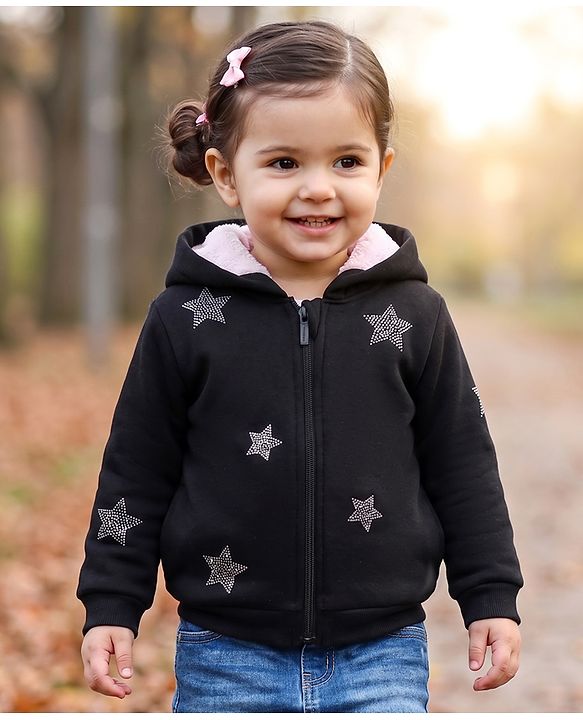 Babyhug Fleece Knit Full Sleeves Hooded Sweatjacket With Rhinestone Detailing - Black