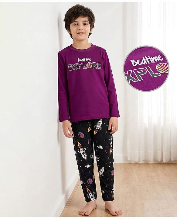Pine Kids Single Jersey Knit Full Sleeves With Bed Time Explore Text Print - Purple