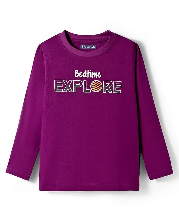 Pine Kids Single Jersey Knit Full Sleeves With Bed Time Explore Text Print - Purple
