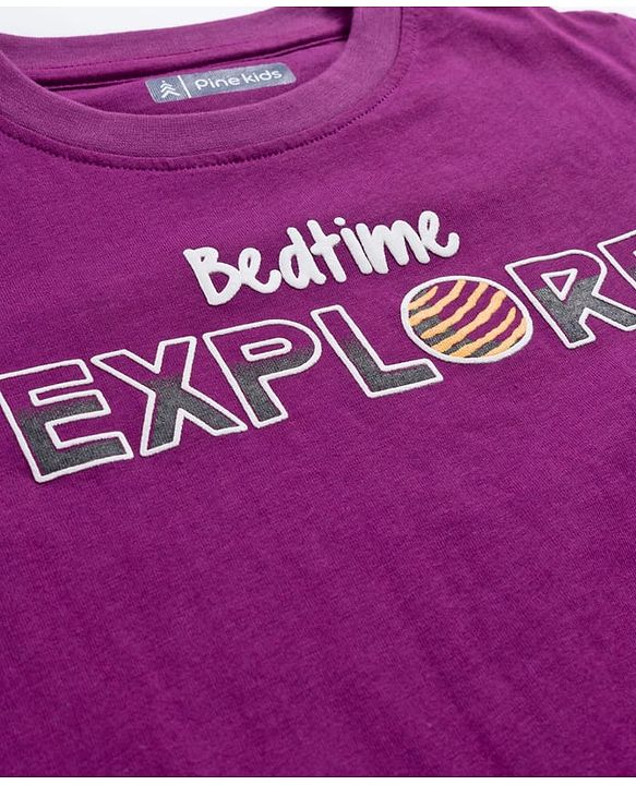Pine Kids Single Jersey Knit Full Sleeves With Bed Time Explore Text Print - Purple