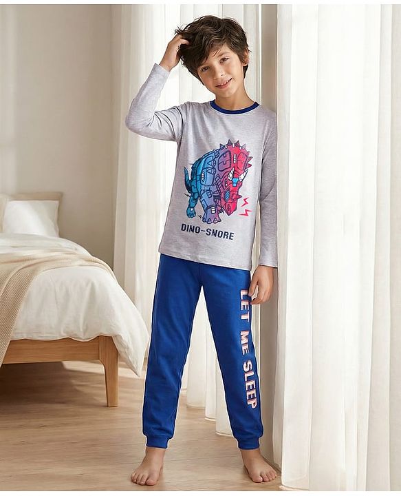 Pine Kids Single Jersey Knit Full Sleeves Night Suit With Dino Print - White