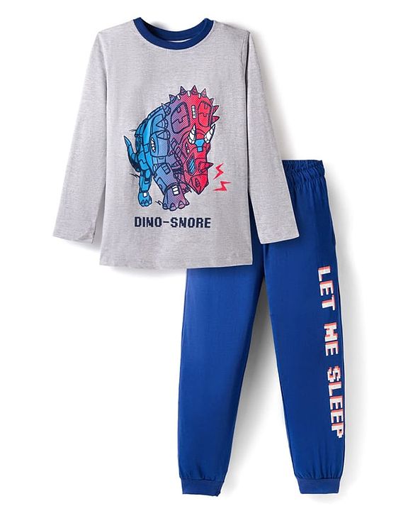 Pine Kids Single Jersey Knit Full Sleeves Night Suit With Dino Print - White