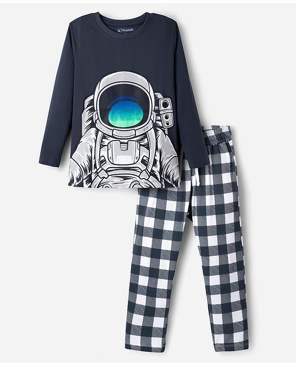 Pine Kids Single Jersey Knit Full Sleeves Night Suit With Space Theme Print - Grey