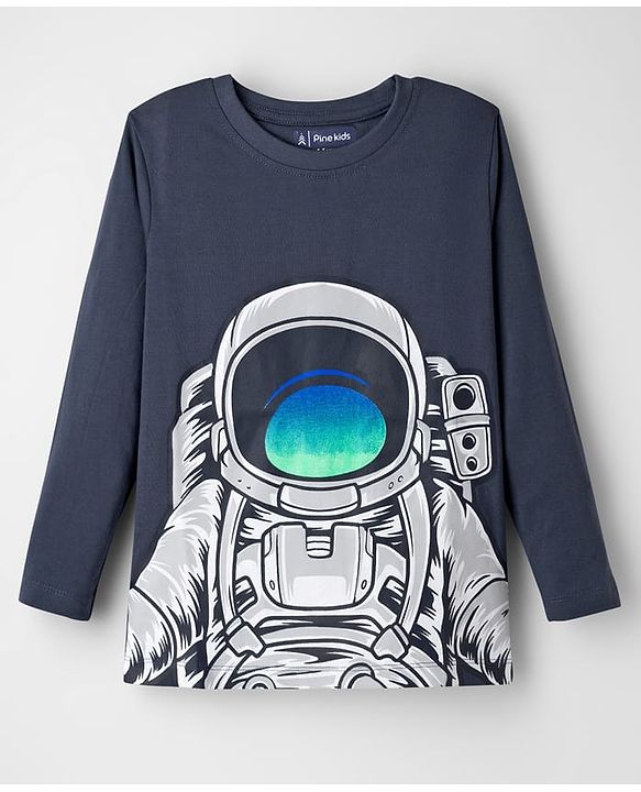 Pine Kids Single Jersey Knit Full Sleeves Night Suit With Space Theme Print - Grey