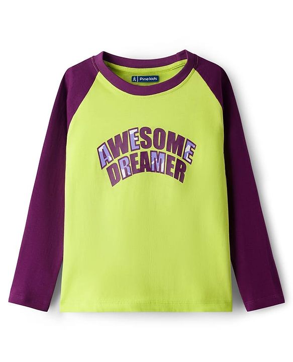 Pine Kids Single Jersey Knit Full Raglan Sleeves With Awesome Dreamer Text Print - Limegreen