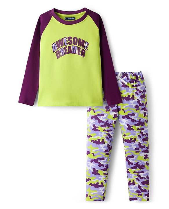 Pine Kids Single Jersey Knit Full Raglan Sleeves With Awesome Dreamer Text Print - Limegreen