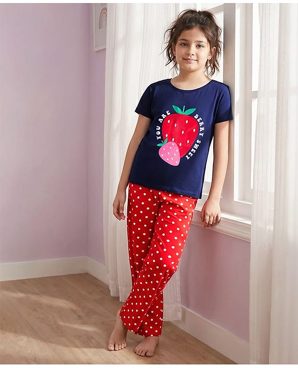Pine Kids Single Jersey Knit Half Sleeves Night Suit With Polka Dot Print - Navy Blue & Red