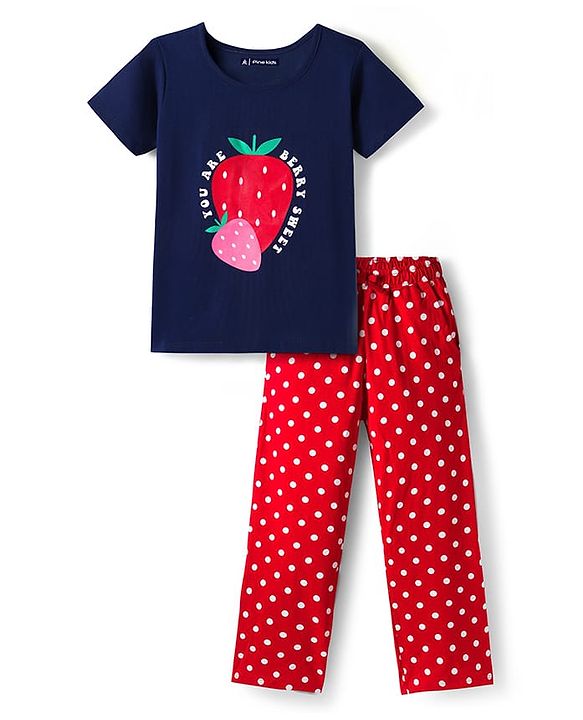 Pine Kids Single Jersey Knit Half Sleeves Night Suit With Polka Dot Print - Navy Blue & Red
