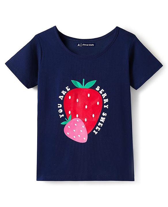 Pine Kids Single Jersey Knit Half Sleeves Night Suit With Polka Dot Print - Navy Blue & Red