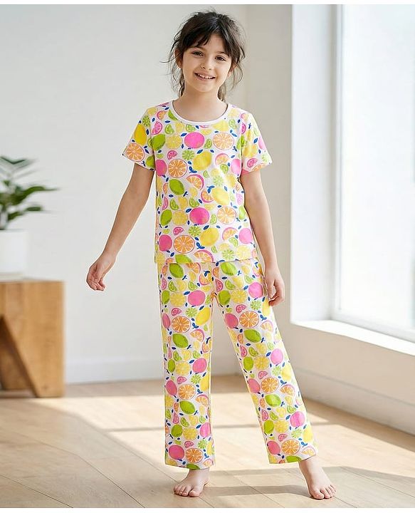 Pine Kids Cotton Knit Half Sleeves Co-ords Night Suit With Tropical Theme Print - Multicolour