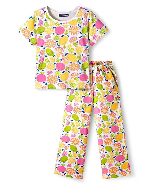 Pine Kids Cotton Knit Half Sleeves Co-ords Night Suit With Tropical Theme Print - Multicolour