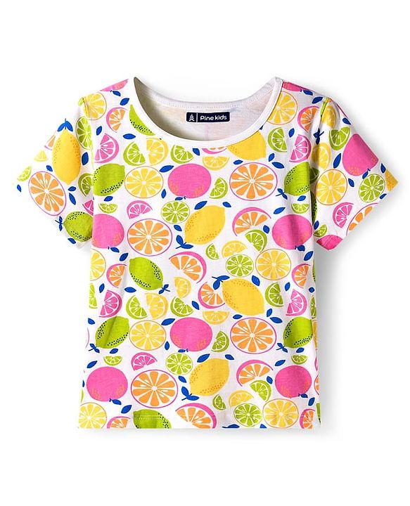 Pine Kids Cotton Knit Half Sleeves Co-ords Night Suit With Tropical Theme Print - Multicolour