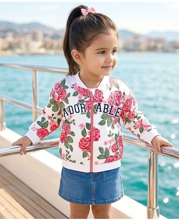 Babyhug Fleece Knit Full Sleeves Premium Heavy Gauge Warm Fleece Fabric Sweatjacket With Floral Print & Text Embroidery - White