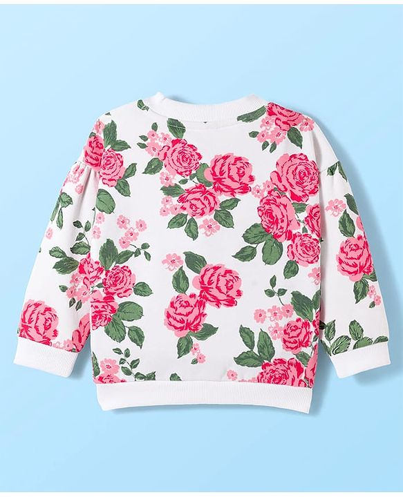 Babyhug Fleece Knit Full Sleeves Premium Heavy Gauge Warm Fleece Fabric Sweatjacket With Floral Print & Text Embroidery - White