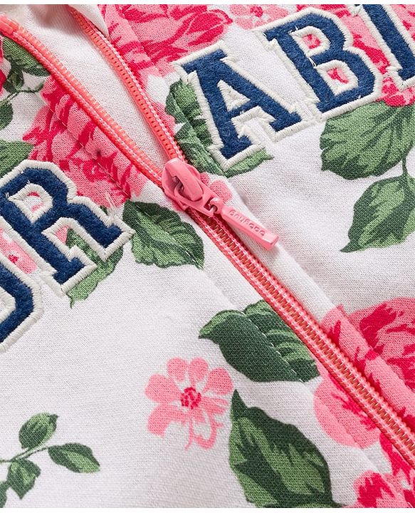 Babyhug Fleece Knit Full Sleeves Premium Heavy Gauge Warm Fleece Fabric Sweatjacket With Floral Print & Text Embroidery - White