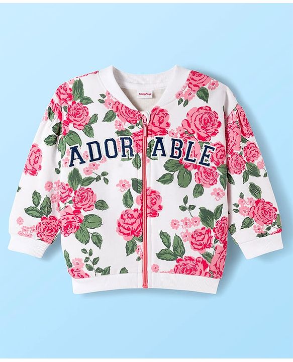 Babyhug Fleece Knit Full Sleeves Premium Heavy Gauge Warm Fleece Fabric Sweatjacket With Floral Print & Text Embroidery - White