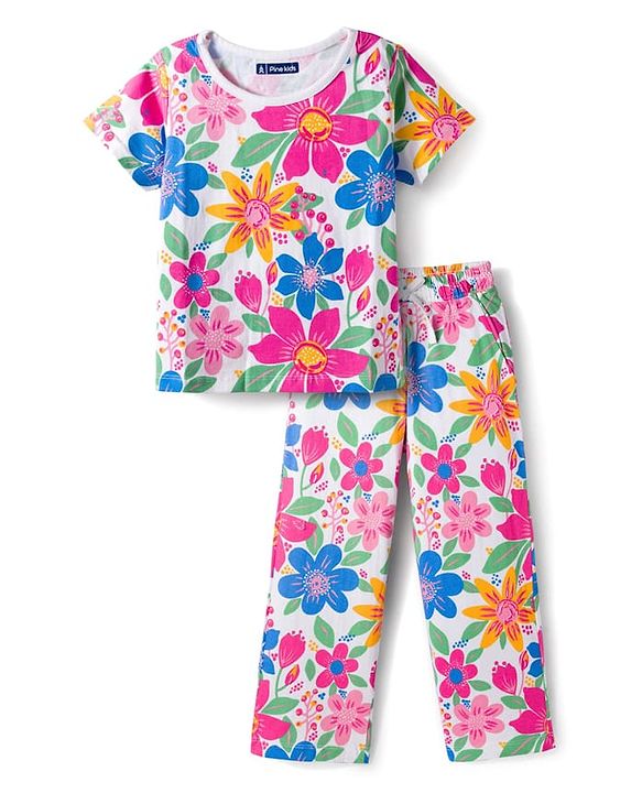 Pine Kids Single Jersey Knit Half Sleeves Co-ords Night Suit with Floral Print - White