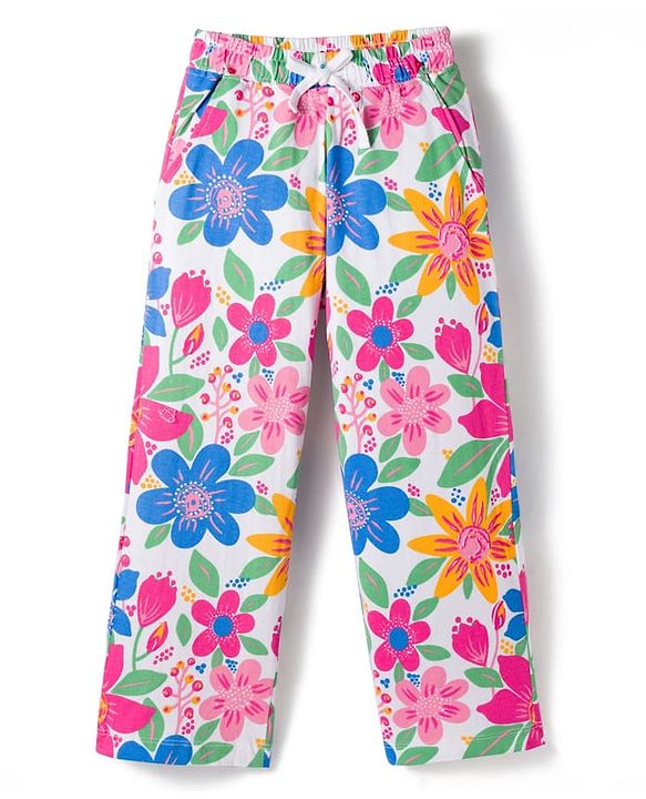 Pine Kids Single Jersey Knit Half Sleeves Co-ords Night Suit with Floral Print - White