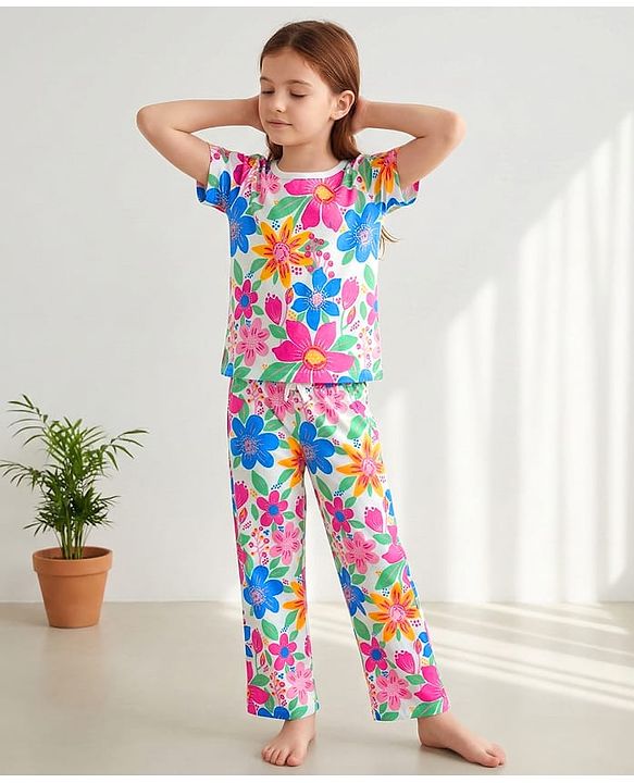 Pine Kids Single Jersey Knit Half Sleeves Co-ords Night Suit with Floral Print - White