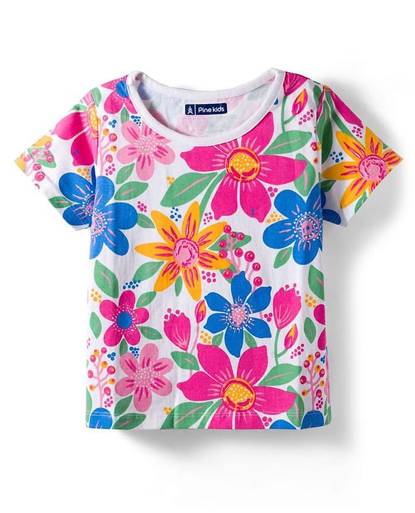 Pine Kids Single Jersey Knit Half Sleeves Co-ords Night Suit with Floral Print - White