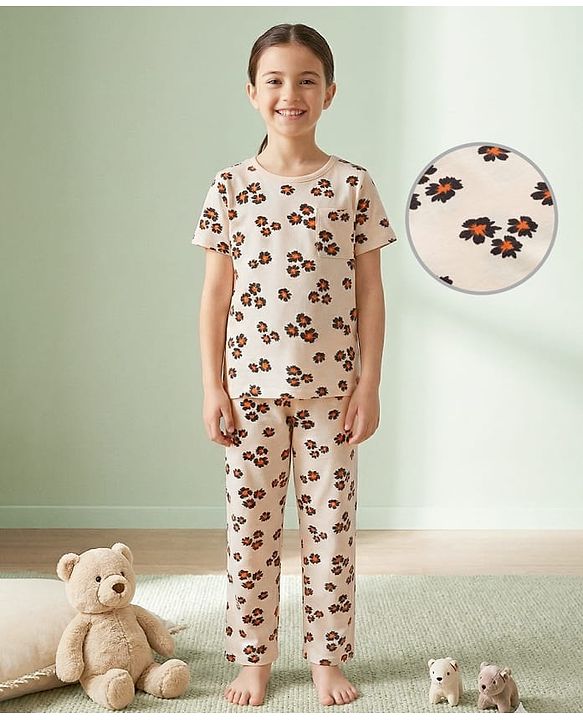 Pine Kids Cotton Knit Half Sleeves Co-ords Night Suit With Floral Print - Cream