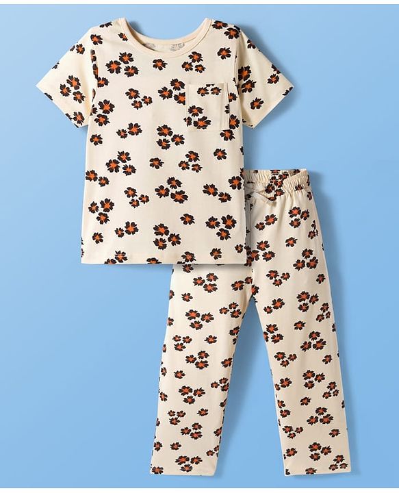 Pine Kids Cotton Knit Half Sleeves Co-ords Night Suit With Floral Print - Cream