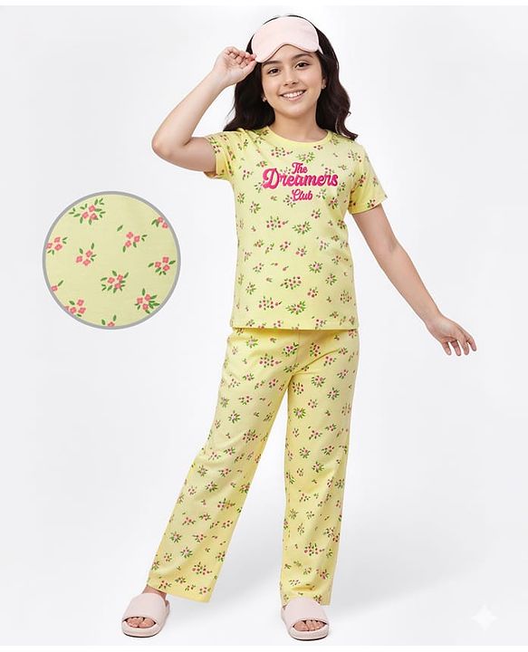 Pine Kids Cotton Knit Half Sleeves Co-ords Night Suit With Floral Print - Yellow