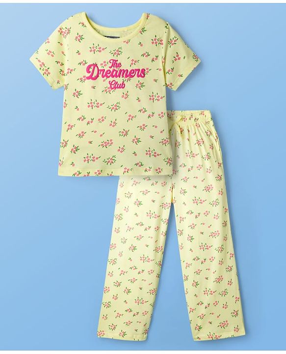 Pine Kids Cotton Knit Half Sleeves Co-ords Night Suit With Floral Print - Yellow
