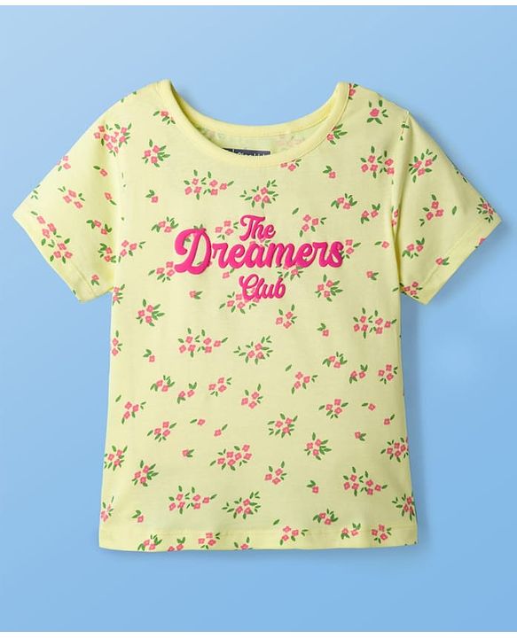 Pine Kids Cotton Knit Half Sleeves Co-ords Night Suit With Floral Print - Yellow