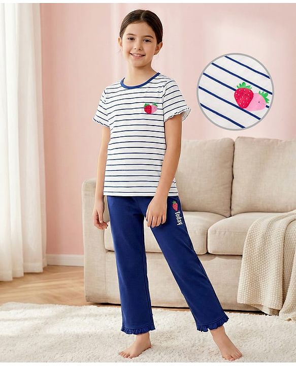 Pine Kids Cotton Knit Half Sleeves Night Suit with Stripes & Fruits Print - White & Blue