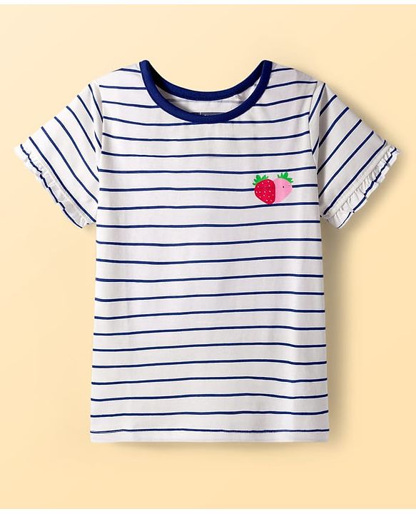 Pine Kids Cotton Knit Half Sleeves Night Suit with Stripes & Fruits Print - White & Blue