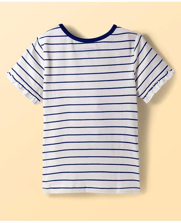 Pine Kids Cotton Knit Half Sleeves Night Suit with Stripes & Fruits Print - White & Blue