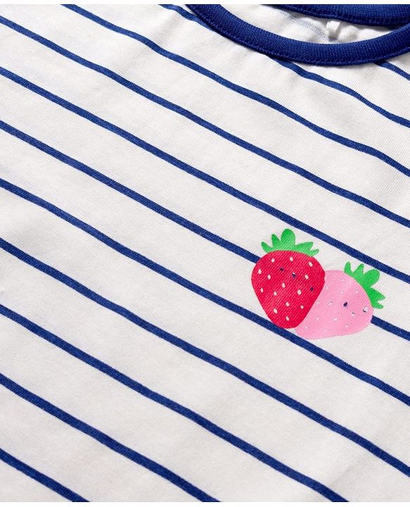 Pine Kids Cotton Knit Half Sleeves Night Suit with Stripes & Fruits Print - White & Blue
