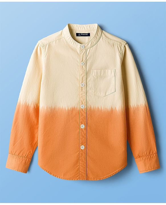 Pine Kids Cotton Woven Full Sleeves Shirt With Color Block Design - Orange