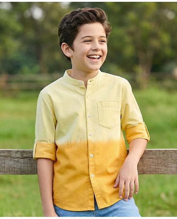 Pine Kids Cotton Woven Full Sleeves Mandarin Collar  Ombre Shirt - Yellow