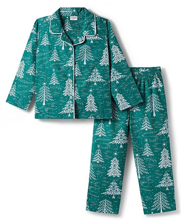 Babyhug Cotton Woven Full Sleeves Co-ords Night Suit With Tropical Theme Print - Dark Green