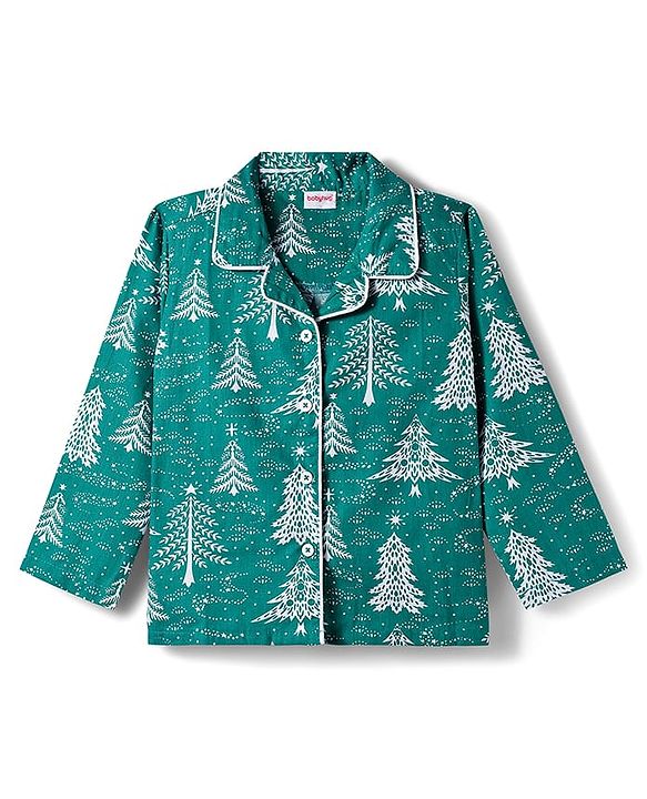 Babyhug Cotton Woven Full Sleeves Co-ords Night Suit With Tropical Theme Print - Dark Green