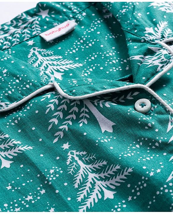 Babyhug Cotton Woven Full Sleeves Co-ords Night Suit With Tropical Theme Print - Dark Green