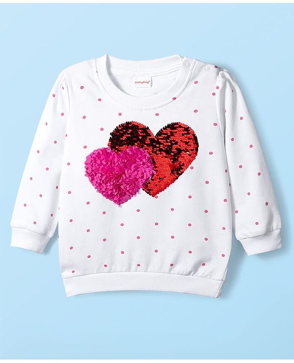 Babyhug Terry Knit Full Sleeves Sweatshirt With Polka Dot Print & Reversible Sequins - White