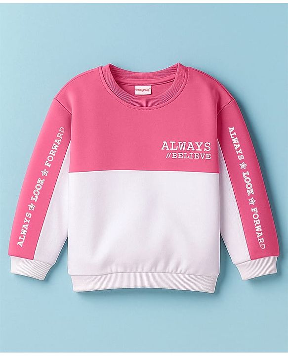 Babyhug Terry Knit Full Sleeves Cut & Sew Sweatshirt with Text Graphic - Pink & White