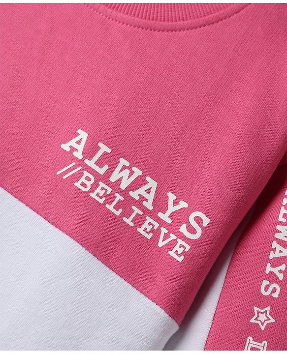 Babyhug Terry Knit Full Sleeves Cut & Sew Sweatshirt with Text Graphic - Pink & White