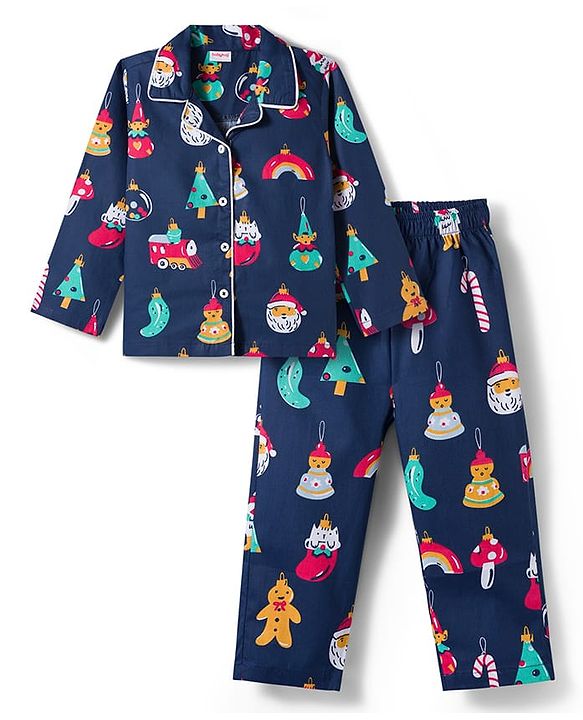 Babyhug Cotton Woven Full Sleeves Co-ords Night Suit With Santa Print - Navy Blue