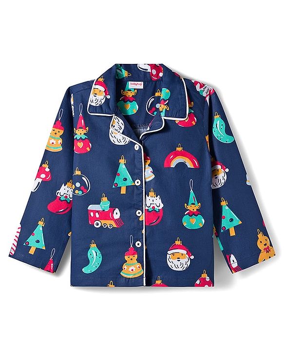 Babyhug Cotton Woven Full Sleeves Co-ords Night Suit With Santa Print - Navy Blue