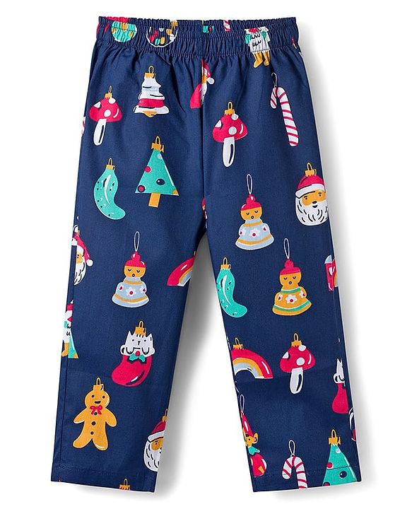 Babyhug Cotton Woven Full Sleeves Co-ords Night Suit With Santa Print - Navy Blue